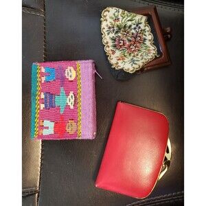 2 Vintage & 1 Mexican Coin Purse Lot Red Kiss Carpet Bakelite